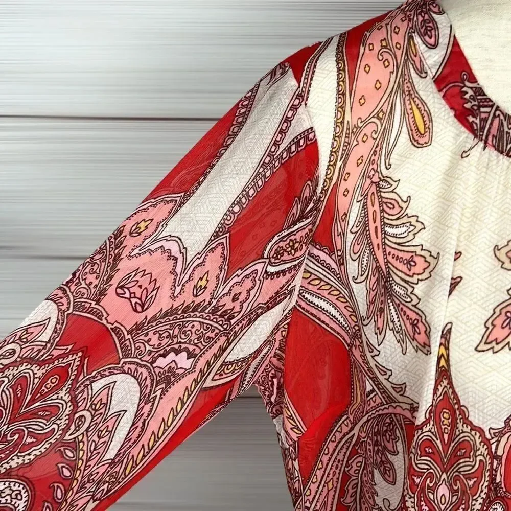 NWT Rose & Olive Boho Style Paisley Print Top Blouse with Tassels